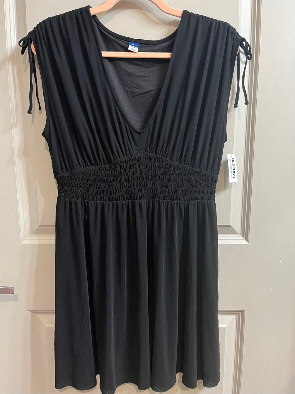Old Navy Black V-Neck Smocked Waist Dress with Shoulder Ties